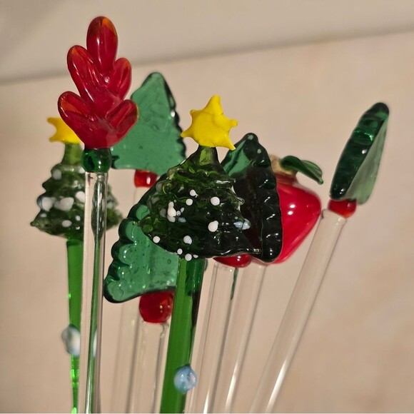 Vintage Stirrers Christmas Hand Made Glass Cocktail Drink Swizzle Set of 8 - Picture 2 of 8